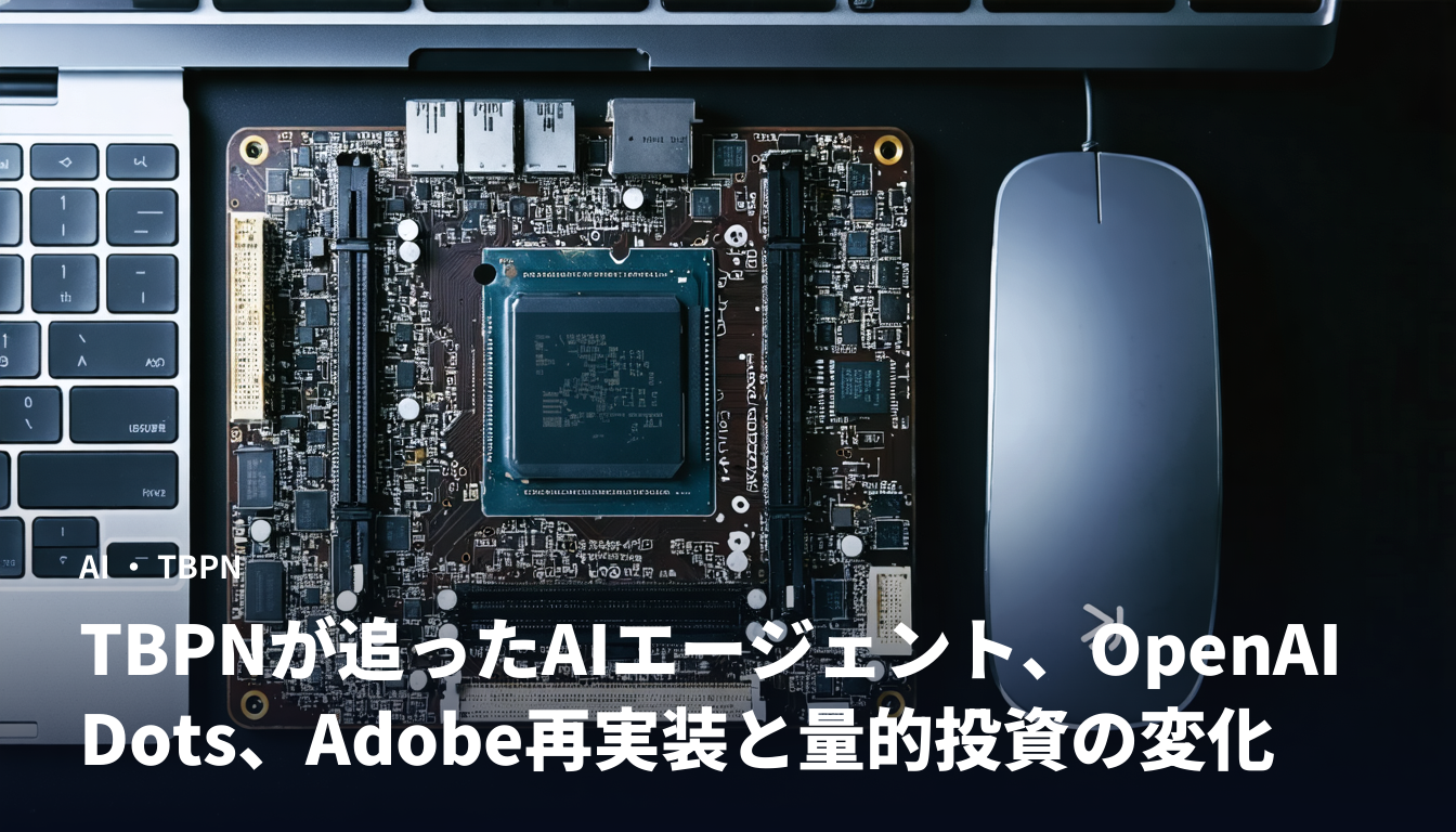 TBPNが追ったAIエージェント、OpenAI Dots、Adobe再実装と量的投資の変化